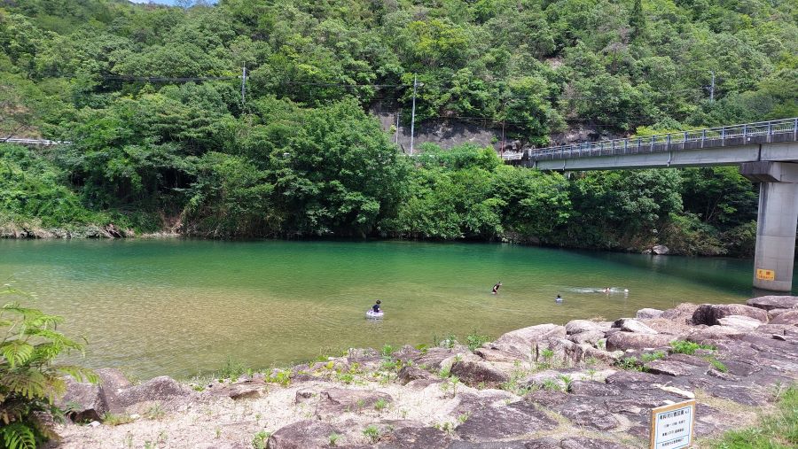 弥栄キャンプ場-河川敷サイトから小瀬川で水遊び